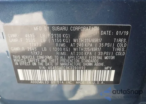 2019 Subaru Outback 2.5I Premium z USA, uszkodzony, nr VIN 4S4BSAFC9K3290892